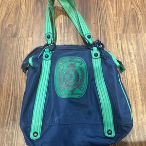Her majesty juicy couture blue nylon green leather shoulder tote bag key Y2K